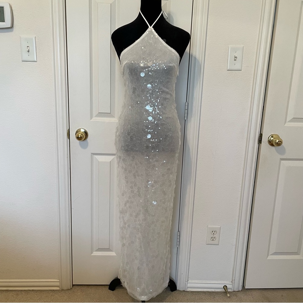 White Fox Boutique White Sequin Halter Maxi Dress